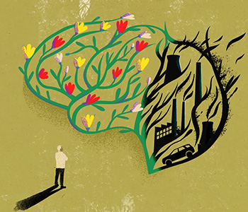 An illustration of a person facing greenery on one side and pollutants on the other.